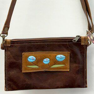 Indigo Brown Leather Crossbody Clutch Embroidered Floral Panel Small Boho Purse